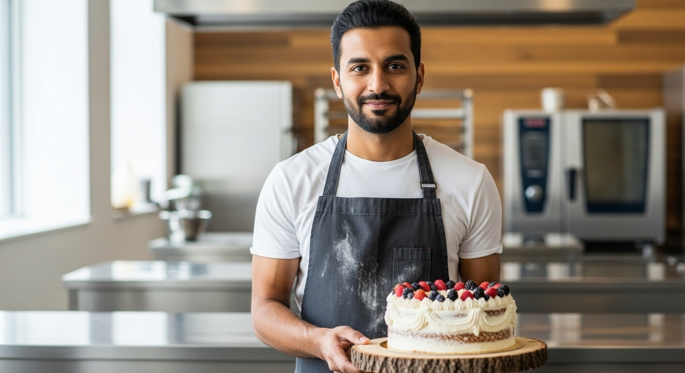 A confident artisan baker smiling in his modern kitchen, representing the empowered Ovenci producer network.